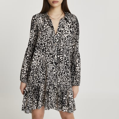 Black animal printed mini shirt dress | River Island