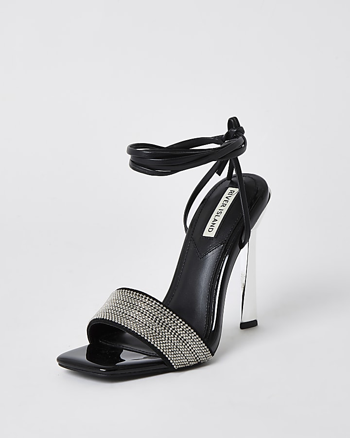 Black ankle tie heeled sandals