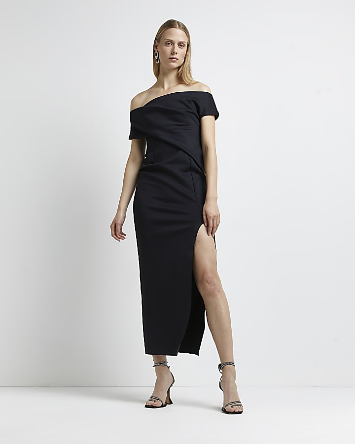 Black asymmetric bardot maxi dress