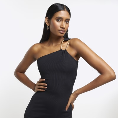 Black asymmetric bodycon midi dress River Island