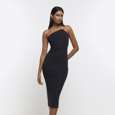 Black asymmetric bodycon midi dress | River Island