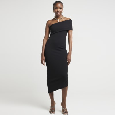 Black asymmetric bodycon midi dress | River Island