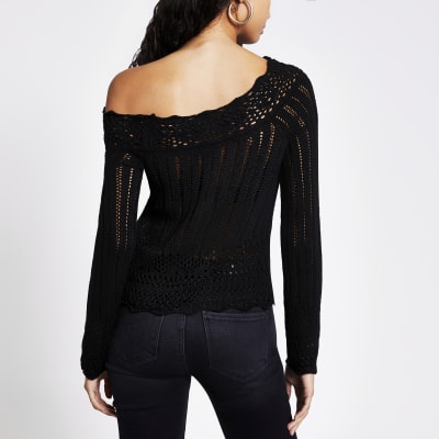 Black asymmetric crochet knitted top