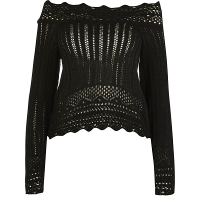 Black asymmetric crochet knitted top