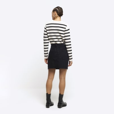 Black Asymmetric Waist Denim Mini Skirt River Island