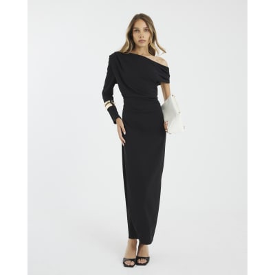 Black Asymmetrical Draped Maxi Dress