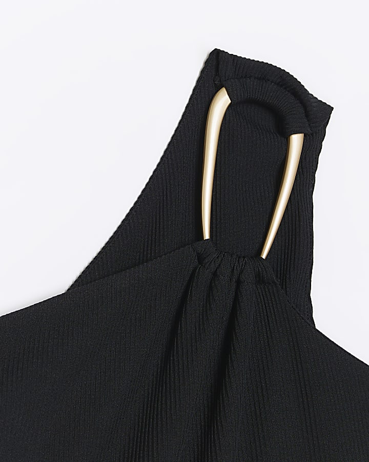 Black asymmetrical ribbed bodysuit