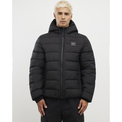 Black Badged Lightweight Hooded Puffer Jacket