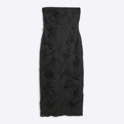 Black Bandeau 3D Swirl Bodycon Midi Dress | River Island