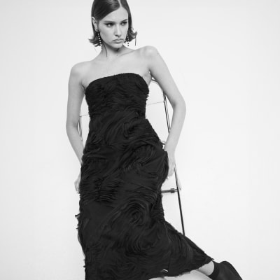 Black Bandeau 3D Swirl Bodycon Midi Dress