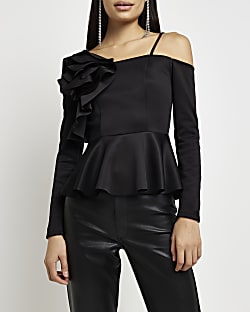 Black bardot corsage long sleeve blouse