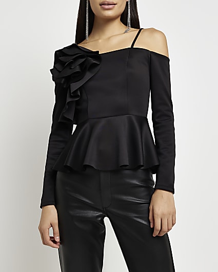 Black bardot corsage long sleeves blouse