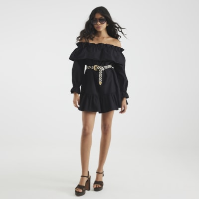 Black Bardot Frill Long Sleeve Mini Dress