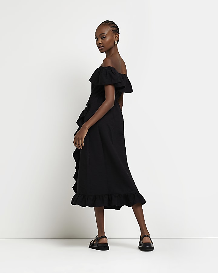 Black Bardot Frill Midi Dress