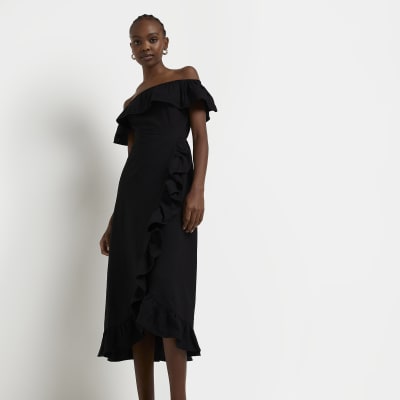 Black Bardot Frill Midi Dress | River Island