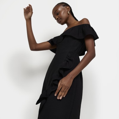 Black Bardot Frill Midi Dress