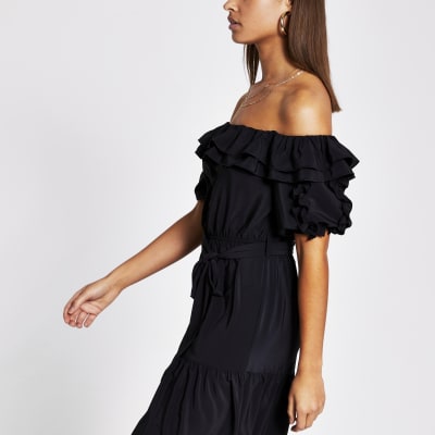 black bardot ruffle dress