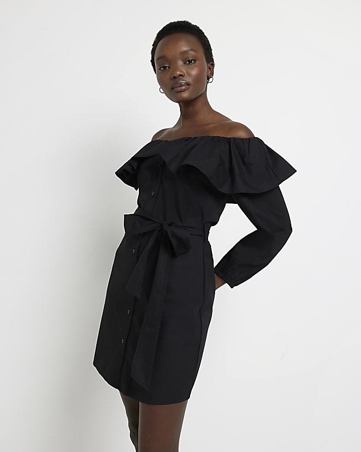 Black bardot frill mini dress