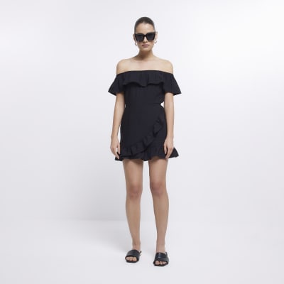 Black bardot hotsell frill dress