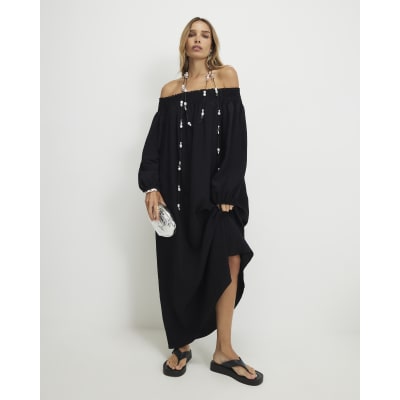 black maxi dress river island Black Short Sleeve Hybrid Drape Maxi Dress