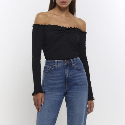 Black bardot long sleeve top River Island