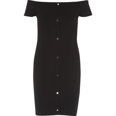 Black bardot popper front dress