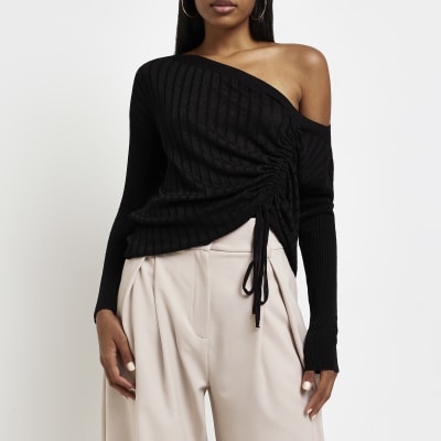 Black bardot rib jumper River Island
