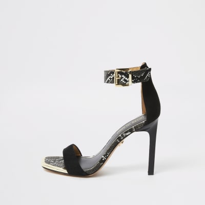 Black barely there snake print sandals 