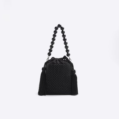 River Island Womens Black Beaded Bucket Shoulder Bag