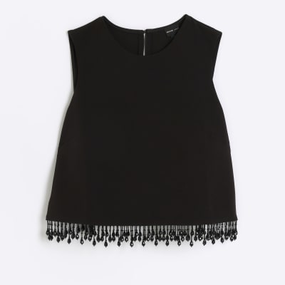 Black beaded fringe sleeveless top River Island