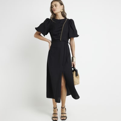 River Island Womens Black Beaded Puff Sleeve Swing Midi Dress