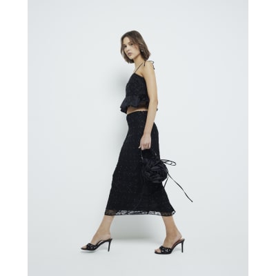 Black Beaded Satin Midi Skirt River Island