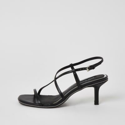 Black beaded strappy low heel sandals | River Island