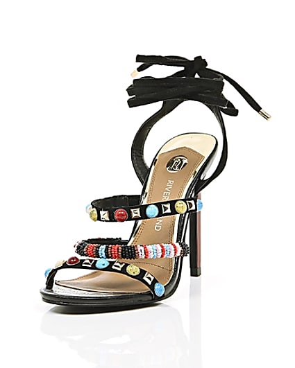 360 degree animation of product Black beaded tie-up barely there sandals frame-2