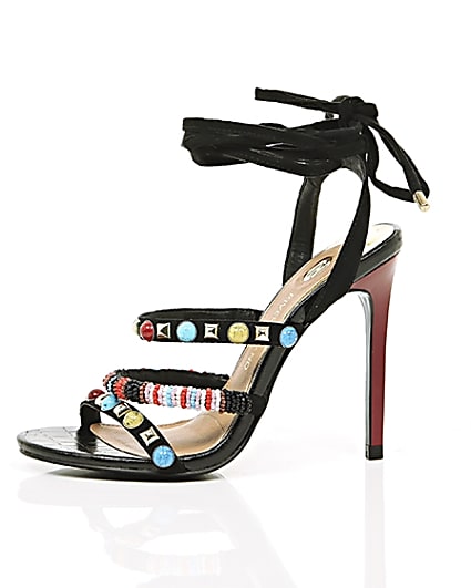 360 degree animation of product Black beaded tie-up barely there sandals frame-23