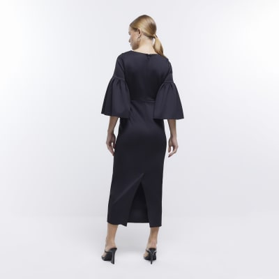 Black bell sleeve bodycon midi dress