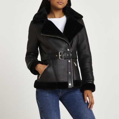 Black belted aviator jacket | River Island