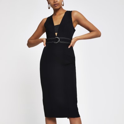 Black belted bodycon midi dress River Island