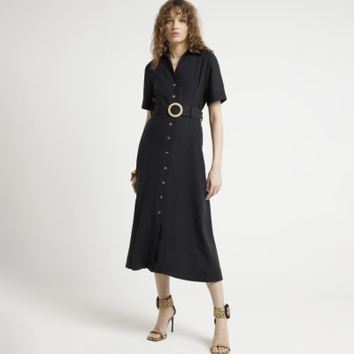 River Island Womens Black Belted Button Up Midi Shirt Dress