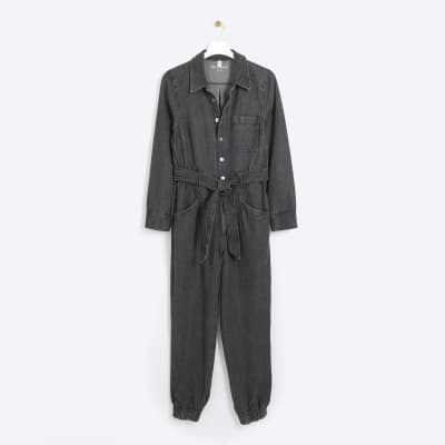 Black belted denim jumpsuit River Island