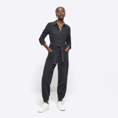River Island Womens Black Belted Denim Jumpsuit