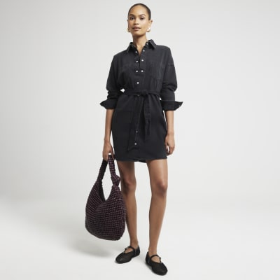 River Island Womens Black Belted Denim Mini Shirt Dress