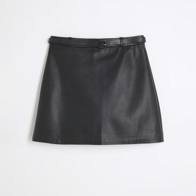 Black Belted Faux Leather Mini Skirt River Island