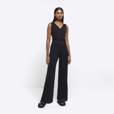 Black belted flare jumpsuit
