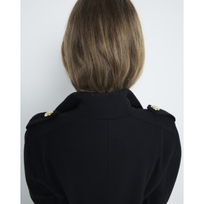 Black Belted Longline Military Coat River Island