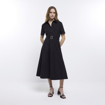 Black Belted Midi Shirt Dress River Island 4294