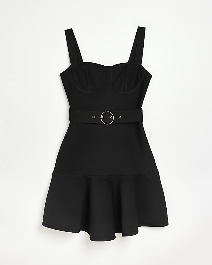 Black belted mini skater dress