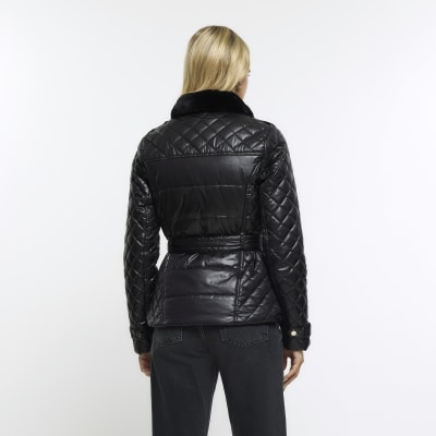 Black Belted Padded Jacket River Island