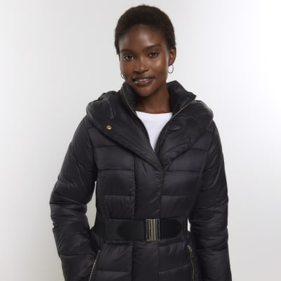 River island padded belted jacket with boucle sleeves in sales black