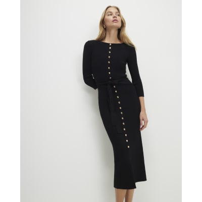 Black Belted Ribbed Knit Midi Dress